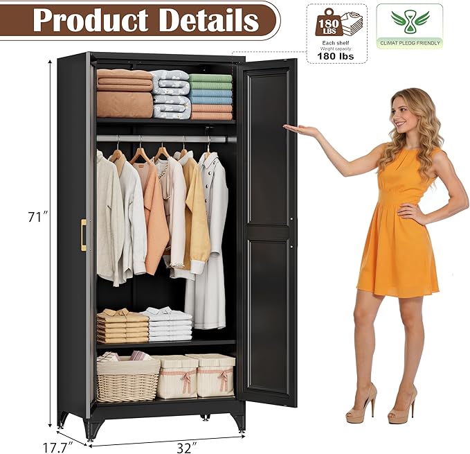 SteeLoong Metal Wardrobe Cabinet with Hanging Rod, 71" Tall Armoire Wardrobe Closet with 2 Mirror Doors and Adjustable Shelves, Black Clothing Storage Cabinets for Bedroom, Laundry Room