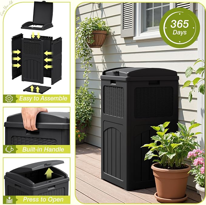 Greesum 33 Gallon Outdoor Trash Can with Lid (2-Pack), Heavy Duty Resin Garbage Bin, Waterproof & UV Resistant for Patio, Garden, Deck, Yard, Dark Black - Image 7
