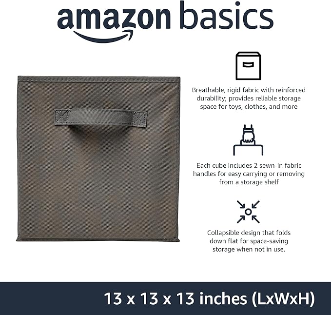 Amazon Basics Collapsible Fabric Storage Cube Bins Organizer with Handles for Organizing, Sturdy, Gray, 13 x 13 x 13 inch, 6-Pack - Image 2