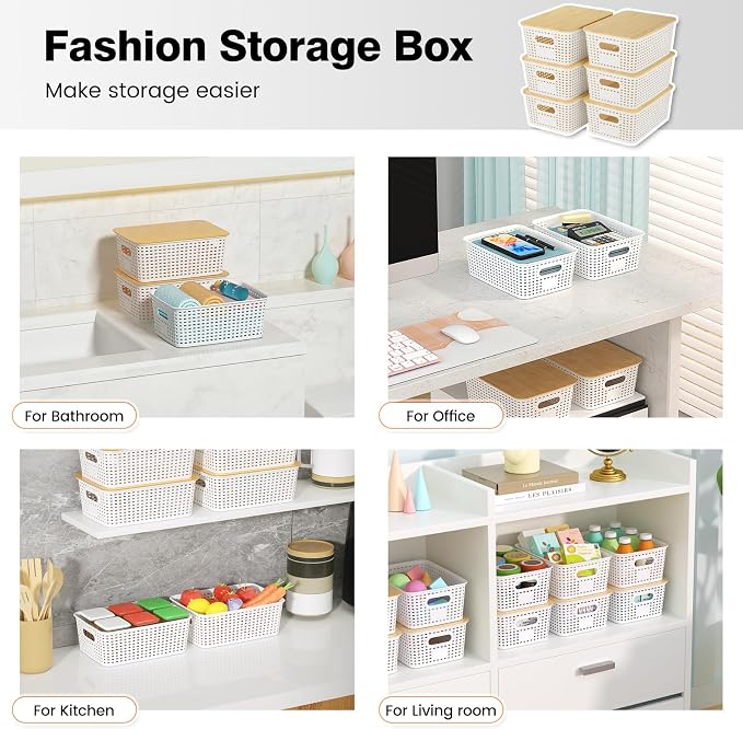 Ohmlove Plastic Storage Baskets With Bamboo Lid - Plastic Storage Containers Stackable Storage bins: Storage Baskets for Organizing Shelves Drawers Desktop Closet Playroom Classroom Office, 6 Pack - Image 7