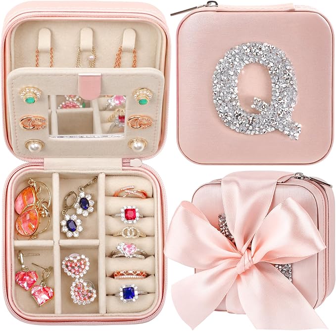 CHMI Small Travel Jewelry Case,wedding jewelry for bridesmaids,Jewelry Box Organizer,Vacation Essentials Travel Accessories for Women,travel jewelry case organizer,Initial pink Q by CHMI