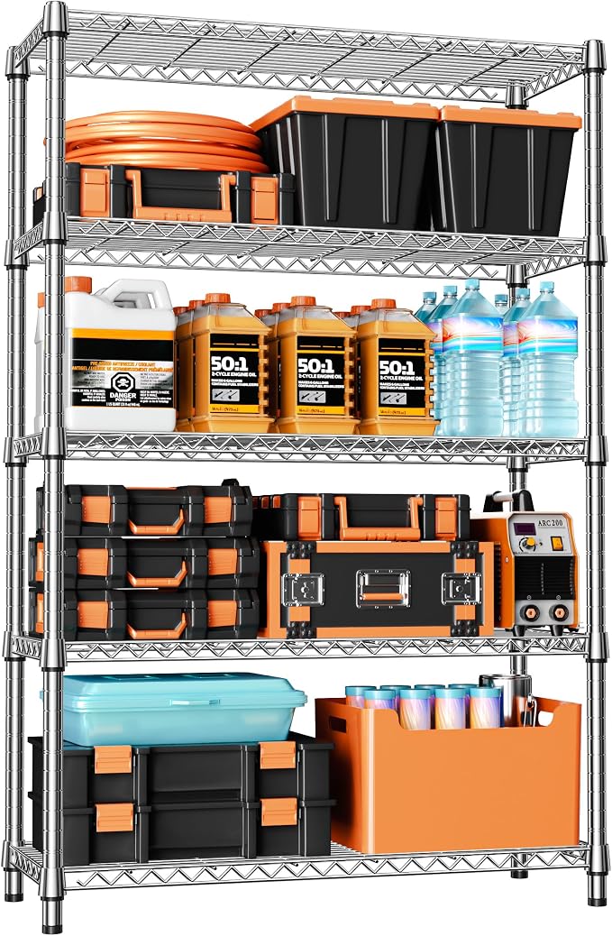IZEUK 1750LBS Garage Shelving Wide Storage Shelves 5 Tier Metal Shelves Heavy Duty Adjustable Utility Shelf Rack (Chrome, 5 Tier, 15.7" D x 45.3" W x 70.9" H) by IZEUK