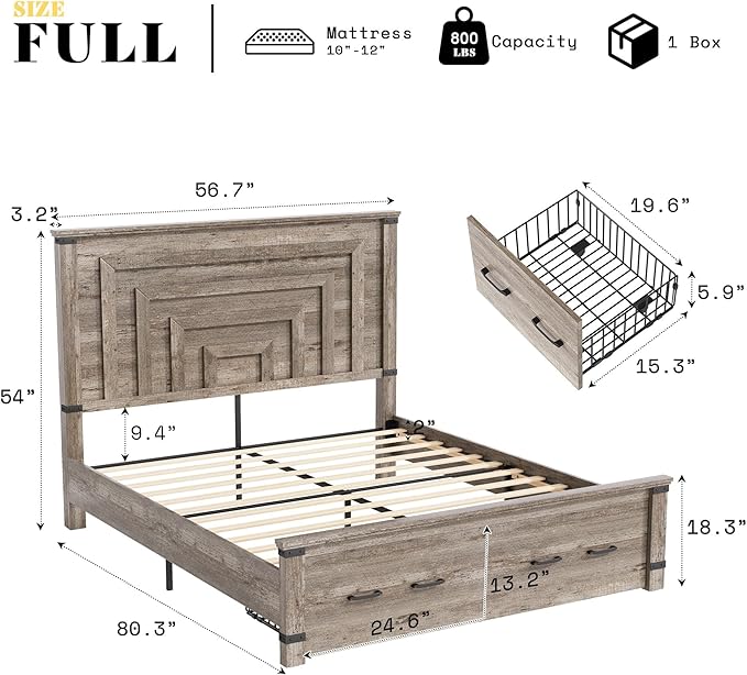 AMERLIFE 5 Pieces Farmhouse Bedroom Set, Includes Rustic Full Bed Frame with 54" Tall Headboard, 6 Drawer Dresser, 5 Drawer Tall Chest, Nightstands Set of 2 with Charging Station, Rustic Grey