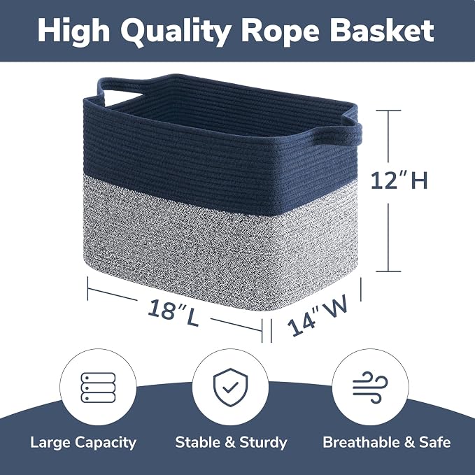 Goodpick Woven Baskets for Organizing, 18" x 14" x 12" Large Storage Basket for Living Room Bedroom, Decorative Toy Baskets Storage Kids Rectangle Blanket Basket with Handles, Dark Blue - Image 3