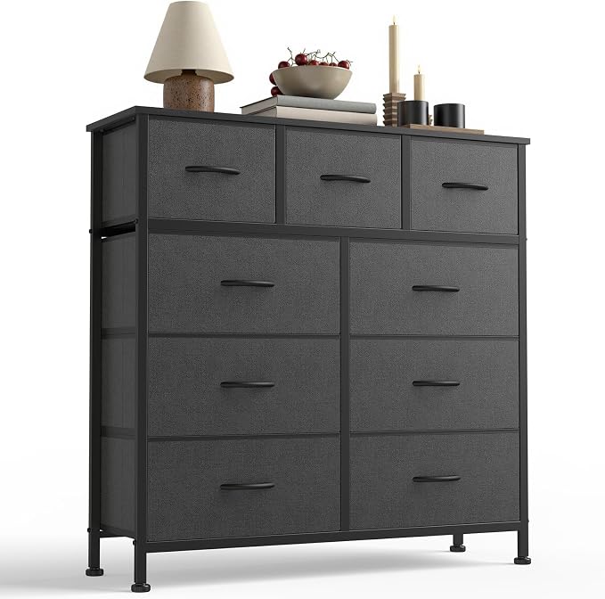 Sweetcrispy 9-Drawer Fabric Dresser Storage Tower with Wood Top and Steel Frame, Organizer Chest with Easy Pull Handles for Bedroom, Closet, Hallway,Modern Gray by Sweetcrispy