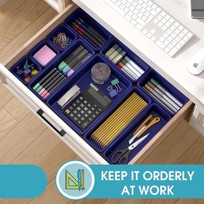 16 PCS Drawer Organizer Set, 4 Size Makeup Drawer Divider Organizer With Non-Slip Pads, Interlocking Plastic Storage Bins for Office,Jewelry Vanity,Gadgets, Bathroom,Kitchen, Navy - Image 4