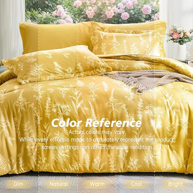 MUXHOMO Bright Yellow Bed in a Bag King 7 Pieces, King Comforter Set Reversible Botanical Flowers Design, Ultra Soft & Breathable Bedding Sets with Comforter, Sheets, Pillowcases & Shams