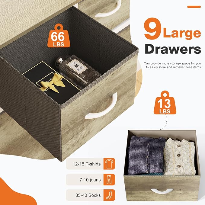 Sweetcrispy 9 Drawer Fabric Dresser Storage Tower with Wood Top and Steel Frame, Organizer Chest with Easy Pull Handles for Bedroom, Closet, Hallway,Oak Greige - Image 5