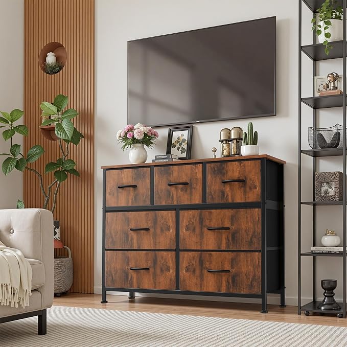 Sweetcrispy 7 Drawer Dresser with Fabric Bins Fabric Storage Tower Organizer for Bedroom Closet Hallway Entryway Tall Chest of Drawers with Steel Frame Wood Top Easy Pull Handles,Rustic Brown - Image 2