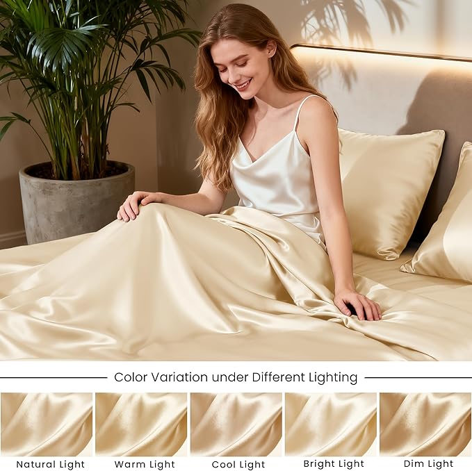 Love's cabin Satin Sheet Set, 3 Piece - Twin XL, Beige, Luxury Silky Soft Bed Linen with Deep Pockets