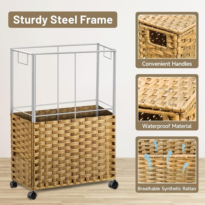 70L Slim Laundry Hamper with Lid & Wheels, 2-Park Rolling Laundry Basket with 4 Removable Liner Bags & 3 Mesh Bags, Narrow Dirty Clothes Basket, Foldable Handwoven Rattan Laundry Sorter, Natural - Image 7