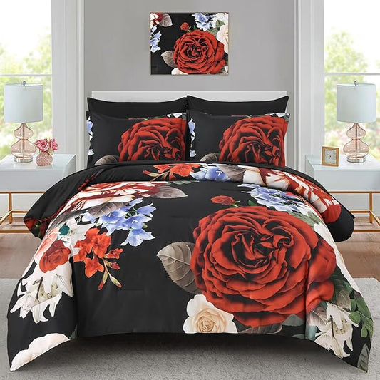 Drucon King Comforter Set - 7 Pieces Floral Black Soft Bedding Sets, King Bed in a Bag with Botanical Red Flowers Comforter, Sheets, Pillowcases & Shams