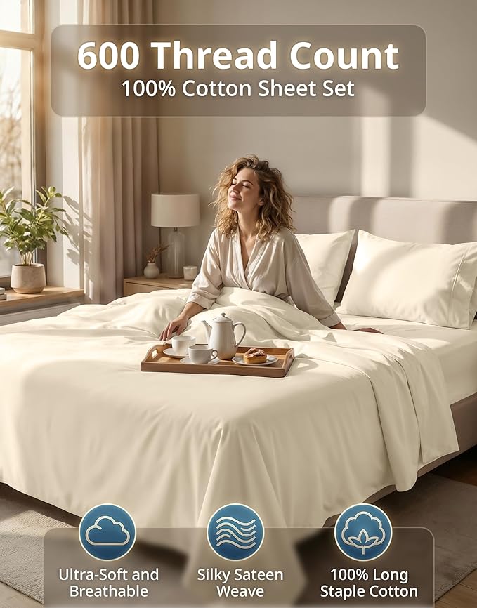 LANE LINEN Bed Sheets Queen Size – Premium 600 Thread Count Long-Staple 100% Cotton Sheets Queen Size Set, Hotel Luxury Soft & Cool Sateen Finish, Fully Elasticized 15" Deep Pocket – Ivory