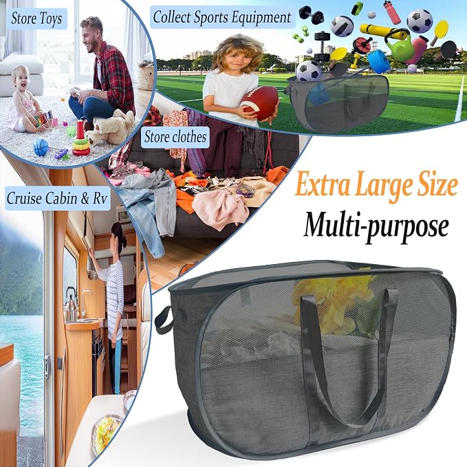 Upgraded 100L Collapsible Laundry Basket, Extra Large Mesh Pop Up Laundry Hamper, Dirty Clothes Hamper with long Handles, Pop-up Hampers for Laundry Travel. Dorm or Home Portable Laundry Basket. Black - Image 4