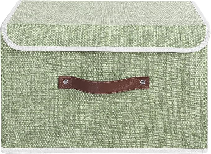 ANMINY Storage Bin with Lid Storage Boxes with PU Leather Handles PP Plastic Board Decorative Foldable Lidded Cotton Linen Fabric Home Cubes Baskets Closet Organizer Container - Green, Large Size - Image 2