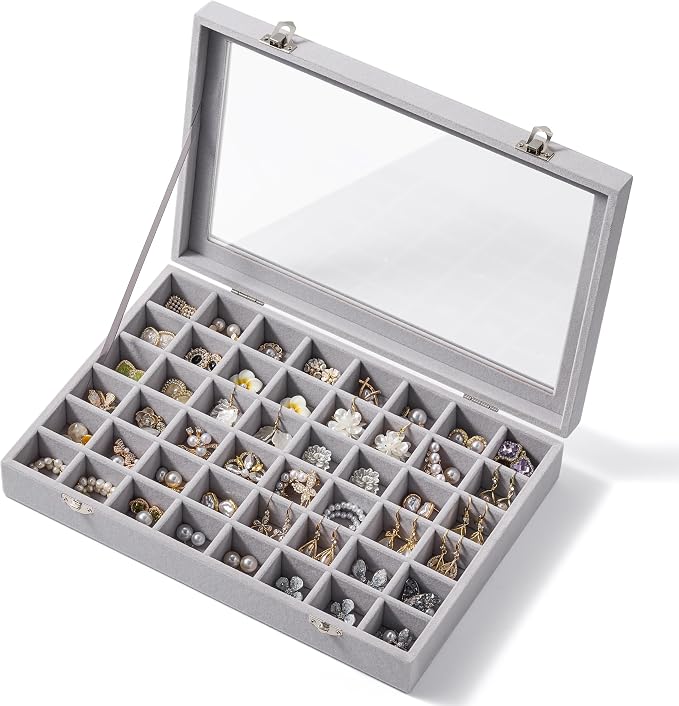 48 Grid Earring Organizer and Storage: Velvet Jewelry Tray with Lid, Jewelry Box for Studs, Earrings, Rings, Necklaces, Dresser & Vanity, Earrings Case Organizer for Girls, Women, 13"x8.6"x2.4", Grey by Josmimic
