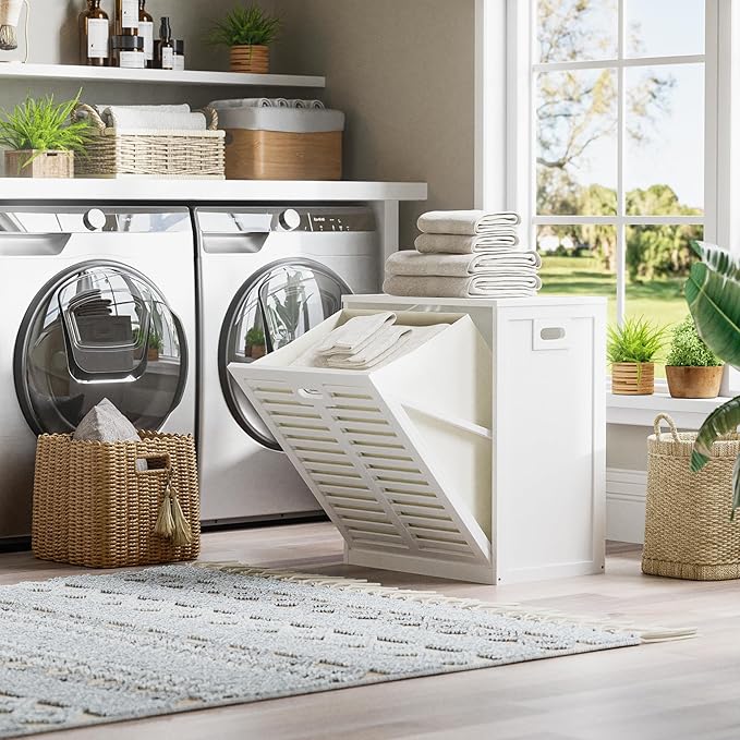 HITNET Tilt Out Laundry Hamper Cabinet, Bathroom Laundry Cabinet with 20 Gallon Clothes Basket, Space Saving Freestanding Bamboo Storage Organizer for Towels and Toys, White - Image 2