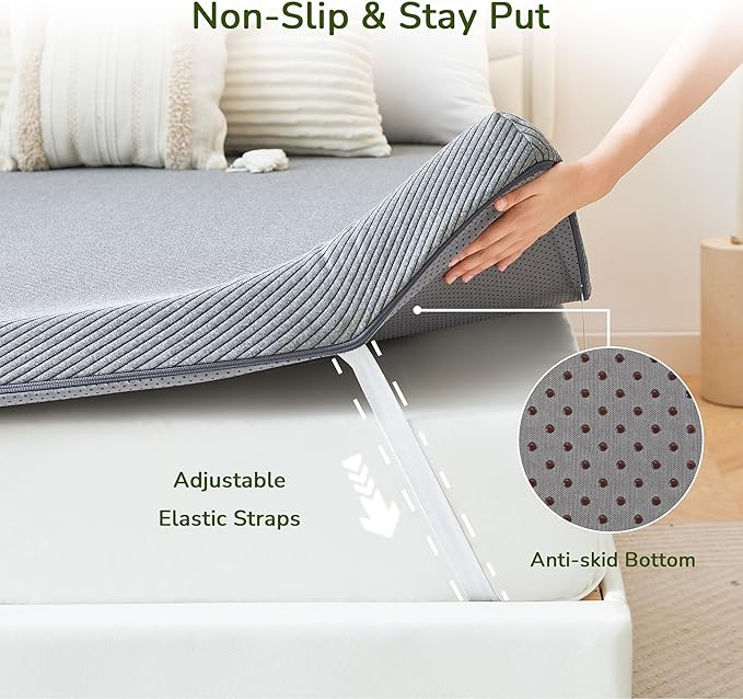 Memory Foam Mattress Topper, 4 inch Full Size Mattress Topper with Removable Soft Cover, Bed Topper for Dorm, Travel, Guest Mat, Non-Slip Design & Pressure Relief Back Pain, Grey