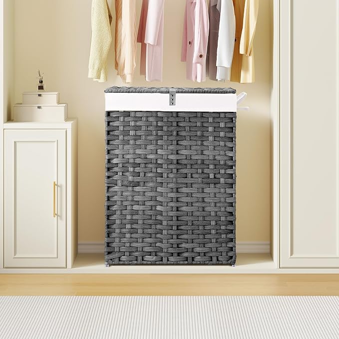 Greenstell Laundry Hamper with Lid, 90L Clothes Hamper with 2 Removable Liner Bags & 2 Mesh Laundry Bags, Handwoven Synthetic Rattan Laundry Basket for Clothes, Toys in Bathroom, Bedroom Grey - Image 2