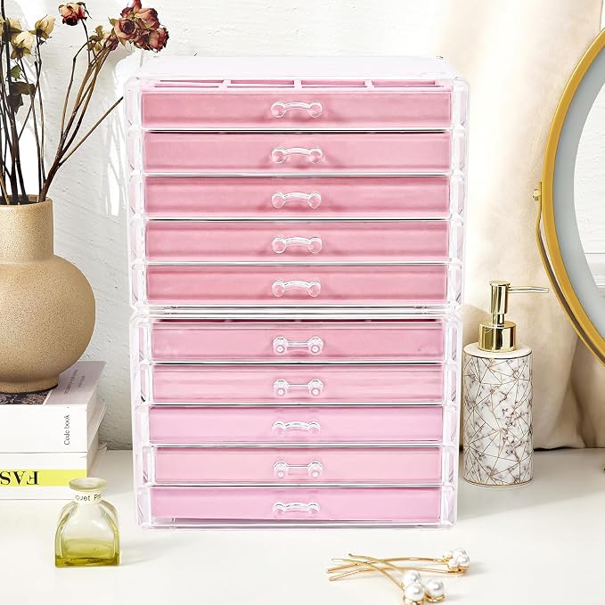 ProCase Earring Holder Organizer Jewelry Box with 10 Drawers, Acrylic Clear Earring Case with Adjustable Velvet Trays for Women - Pink, 10 Layers - Image 6