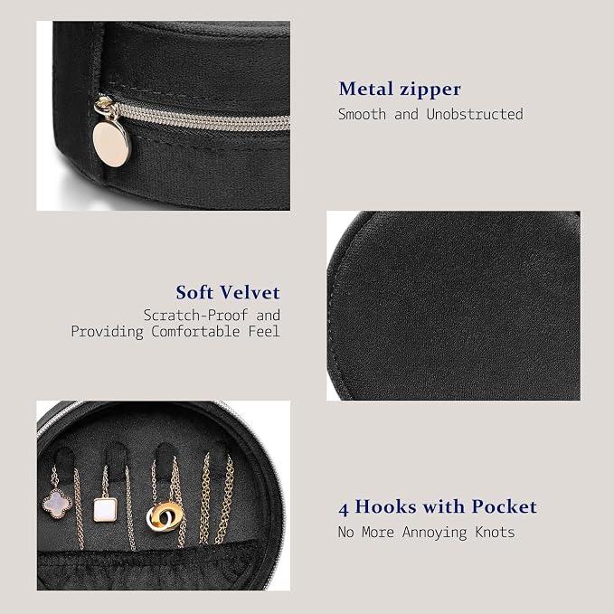 CONBOLA Travel Jewelry Case Small Jewelry Box for Women Girls,Round Velvet Jewelry Travel Organizer,Portable Jewelry Box for Rings Earrings Necklaces Bracelets.(Black,Large) - Image 2