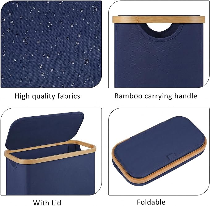 Slim Laundry Basket,60L Laundry Hamper with Lid, Tall Hamper for Laundry,Dirty Cloth Hamper with Bamboo Handle for Toys,Towels, Clothes Organizing, Navy Blue - Image 2