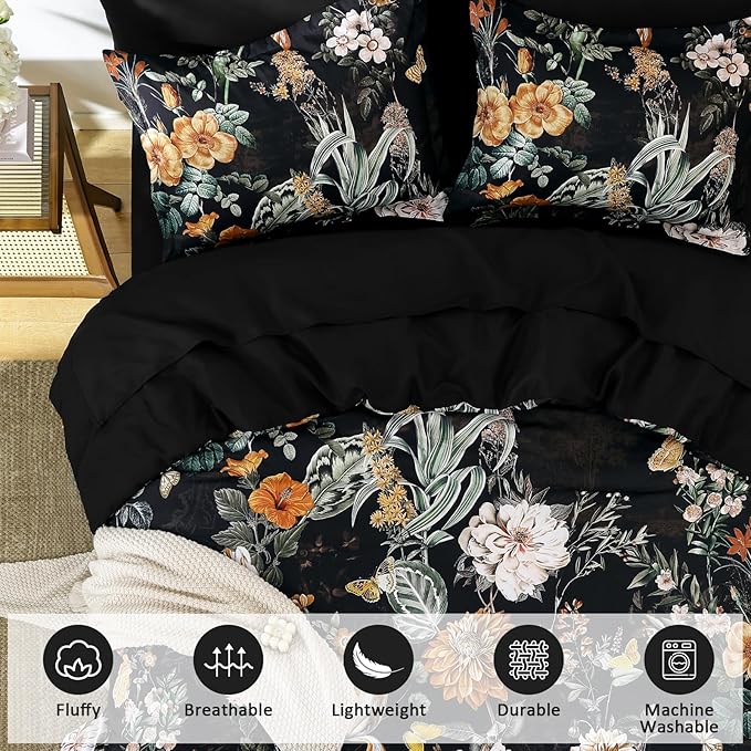 WONGS BEDDING Black Comforter Set Queen, 7 Pieces Bed in a Bag Botanical Floral Comforter Bedding Set, Soft Microfiber Comforter with Flat Sheet, Fitted Sheet, Pillow Shams, Pillowcases