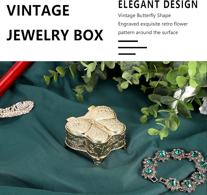 Hipiwe Vintage Jewelry Box Decorative Treasure Chest Butterfly Shape Trinket Keepsake Storage Box Gold Necklace Earring Holder Gift for Women, Small - Image 4