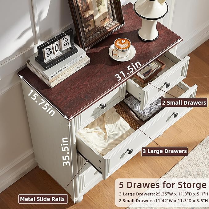 RWYHG Farmhouse 5 Drawer Dresser for Bedroom Set of 2, 35.5" Tall Small Dressers & Chest of Drawers, Rustic Wood Dresser with Roman Column, Storage Organizer for Living Room, Hallway, Closet (White)