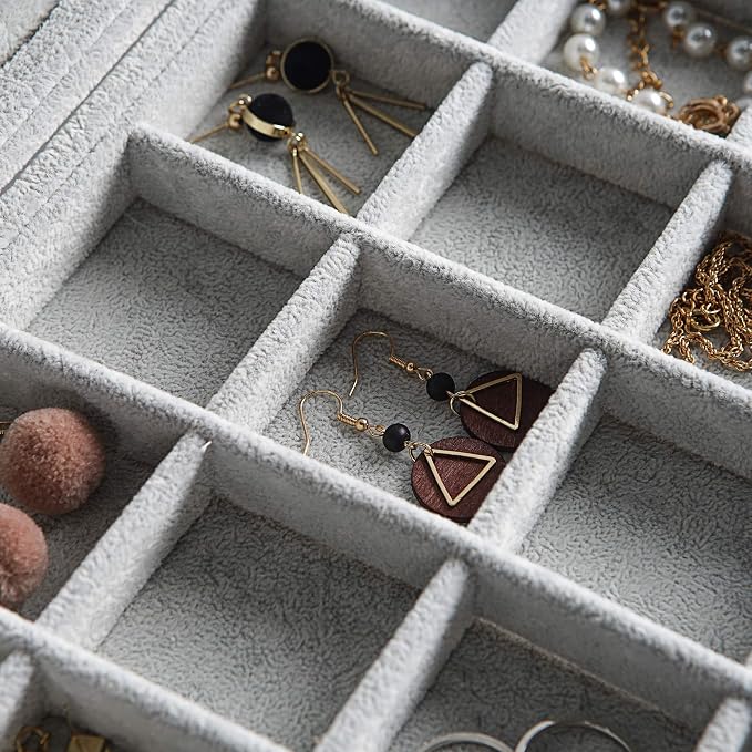 Frebeauty Velvet Jewelry Tray,24 Grid Jewelry Organizer with Clear Lid,Earring Holder Organizer with Clasp,Drawer Insert Rings Pendants Brooches,13.8 x 9.5 x 2 Inches,Gift for Women Girls(Grey) - Image 6