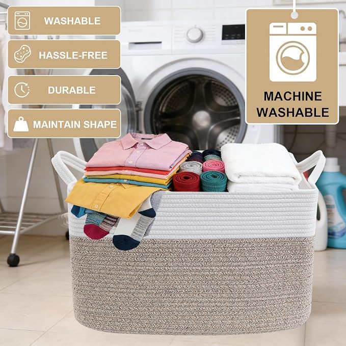 96L Large Blanket Basket,24"x16"x15"Rectangle Storage Bin with Handles,Woven Rope Laundry Basket for Toys, Clothes,Magazines,Home Organization,Nursery,Living Room & Bedroom,White & Brown - Image 7