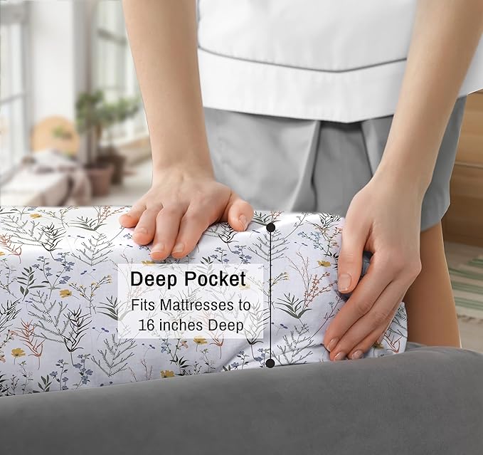 RUVANTI 100% Cotton Sheets – Queen Size Percale Bedding, Cooling & Breathable Floral Design, Durable with a Crisp, Soft & Comfortable Feel, 16" Deep Pocket, 4-Piece Set, Aroma