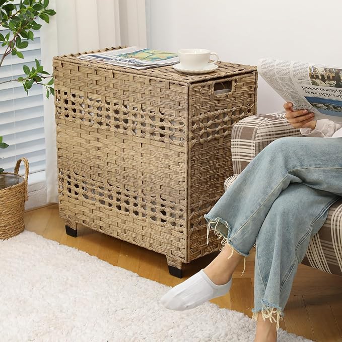 OIAHOMY Laundry Hamper with Lid, 140L Clothes Hamper with 3 Removable Liner Bags, Foldable Basket with Lid, Synthetic Wicker Laundry Basket for Bedroom, 27x 13 x 26 Inches, Yellow - Image 2