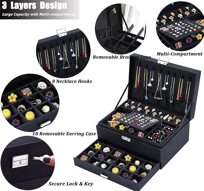 QBestry Jewelry Box for Women with Drawer, 3-Layer Large Jewelry Organizer with Lock & Key, 8 Necklace Hooks & 56 Earring Holes, Black Velvet Jewelry Storage Box for Necklaces Earrings Rings Bracelets - Image 3