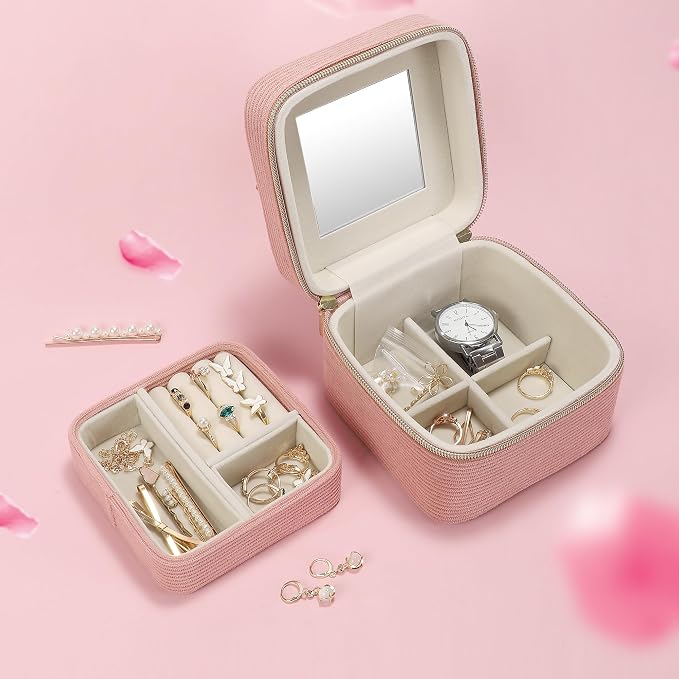 Travel Jewelry Case with Mirror – Small 2-Layer Jewelry Box for Women, Rings and Earrings Necklaces Velvet Organizer Mothers Day Mom Girls Birthday Gifts (Pink) - Image 6