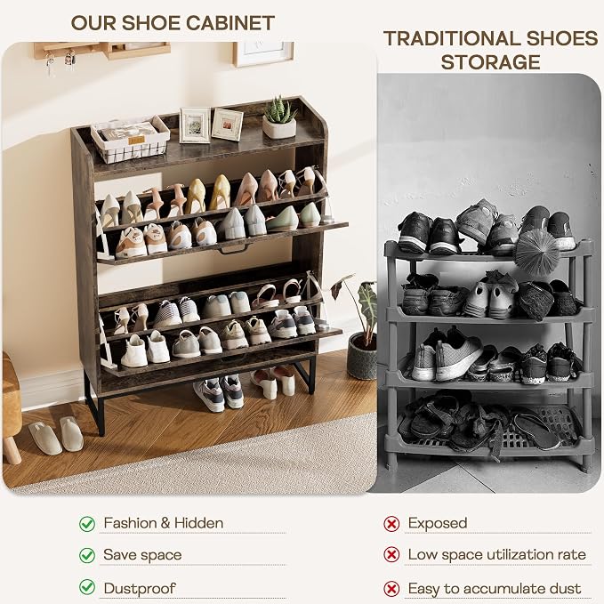 Nicetree Shoe Cabinet with 2 Flip Drawers, Freestanding Shoe Storage Cabinet with Metal Legs, Farmhouse Shoe Organizer for Entryway, Foyer, Hallway - Image 8