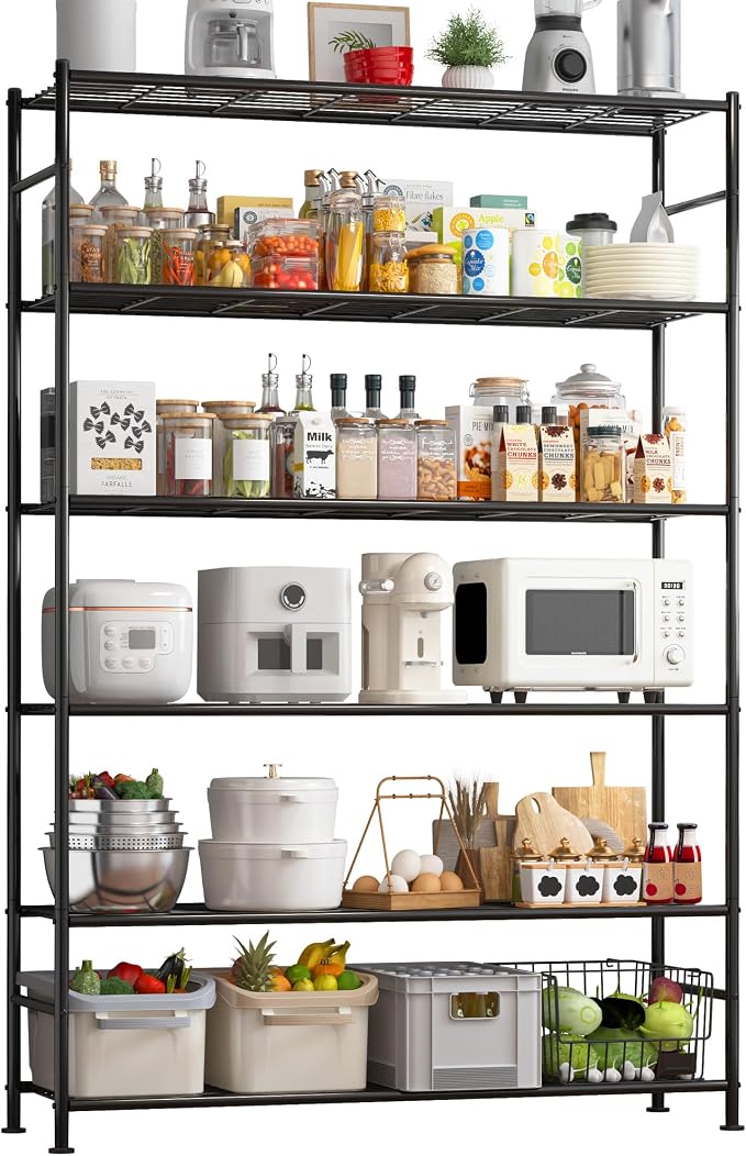 Sakugi Storage Shelves - 6 Tier Shelf Organizer, Heavy Duty Garage Shelving Unit with Leveling Feet, Stable Metal Shelves Organizer for Pantry, Kitchen and Closet, 46.3" W x 12.6" D x 76.1" H, Black by Sakugi