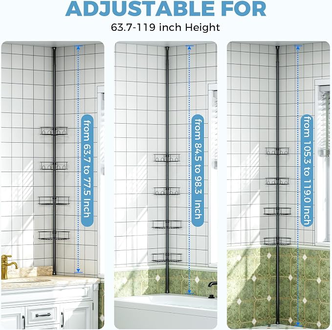 Corner Shower Caddy Tension Pole，4 Tier Adjustable Bathroom Organizer Shelves，Inside Shower Storage With Hidden Hook & Towel Holder,63.7-119 Inch No-Drill Quick Installation Shower Rack,Black - Image 5