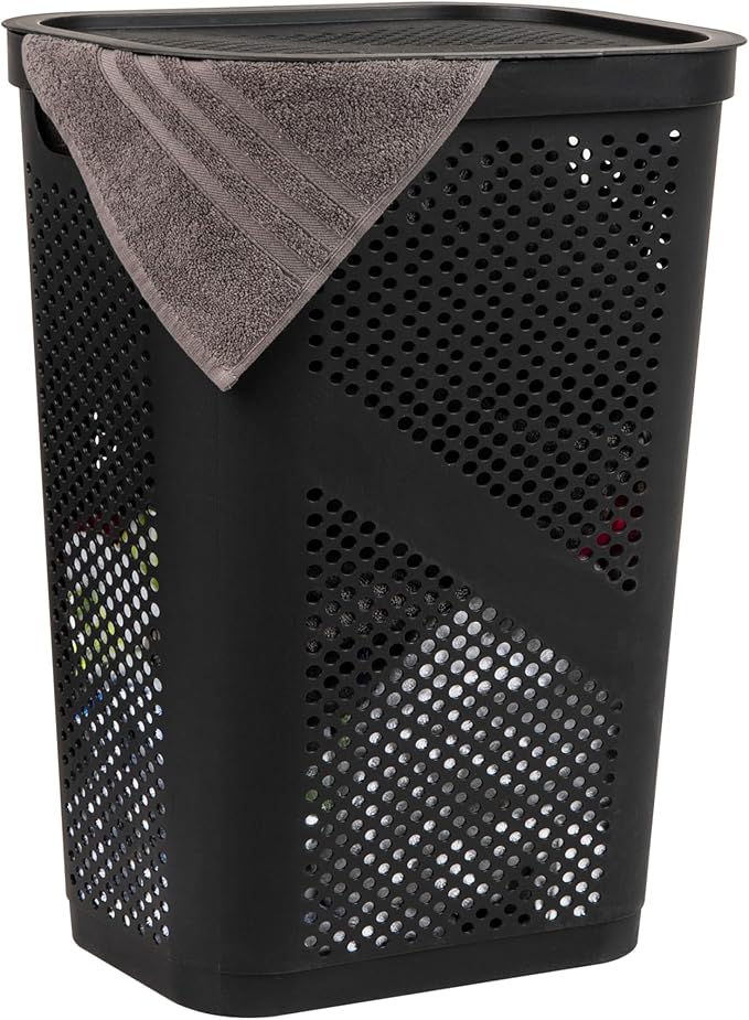 Mind Reader Slim Laundry Hamper with Lid, 60L Clothes Basket, Ventilated Plastic, Black by MindReader