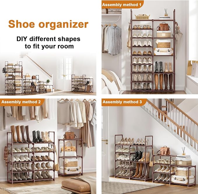 WOWLIVE 9 Tiers Large Shoe Rack Brown Shoe Rack Organizer for Closet 30-35 Pairs Stackable Heavy Duty Shoe Shelf Shoe Storage with Metal Pipes Plastic Connectors - Image 5