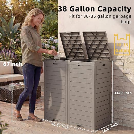 EFU 38 Gallon Outdoor Trash Can with Lid & Drip Tray, Dual Garbage Can for Patio Backyard Deck,Large Heavy Duty Waste Container Bin，Light Coffee - Image 2
