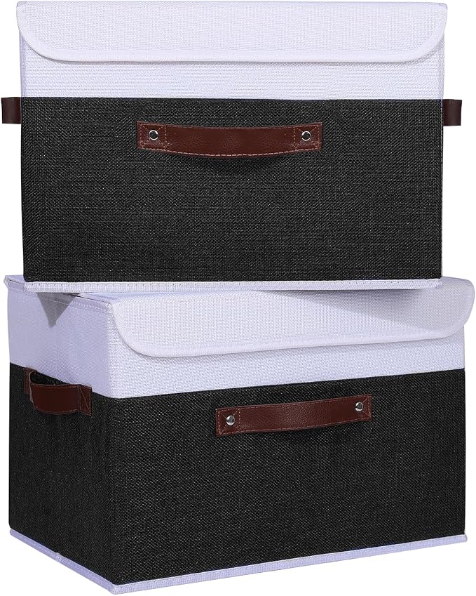ANMINY 4PCS Storage Boxes with Lid Washable Decorative Storage Bins Basket with PU Leather Handle Foldable Linen Fabric Storage Cubes Containers for Home Closet Organizer - Black White, Large Size - Image 2