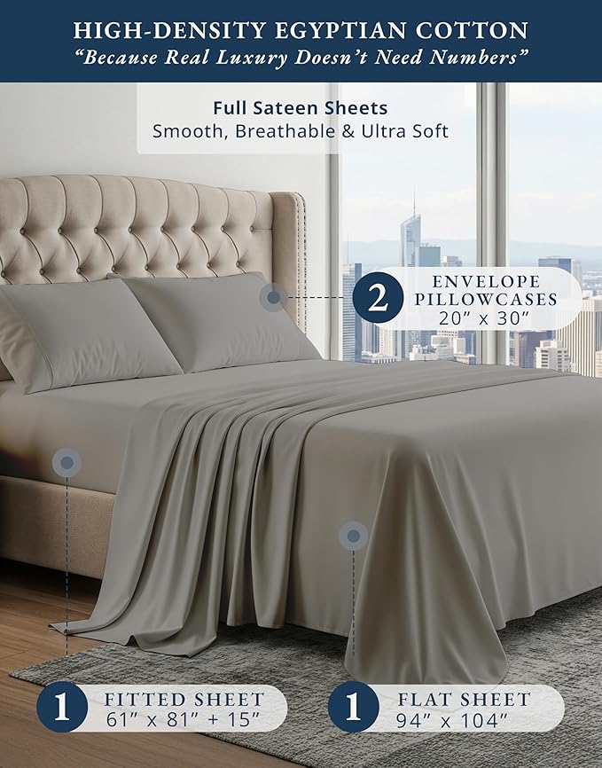 LANE LINEN 100% Egyptian Cotton Full Size Bed Sheets Set, Soft & Comfy No Pill Fade Resistant Natural Cooling Mercerized Cotton Sheets Full Size Bed 15" Deep Pocket - Charcoal