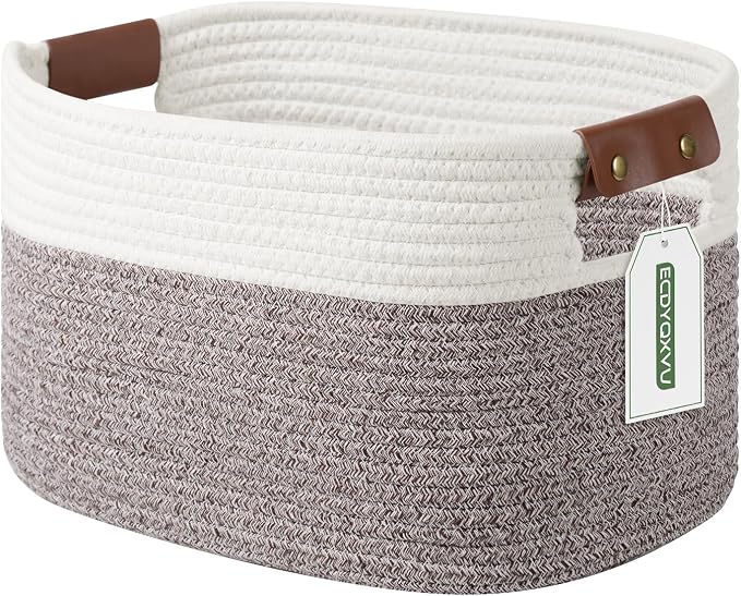 ECDYQXVU Cotton Rope Basket, Storage Baskets with Handle, 15x10x9 Inch Woven Basket for Shelves, Laundry, Towels, Clothes, Books (White Brown 1 Pack) by ECDYQXVU