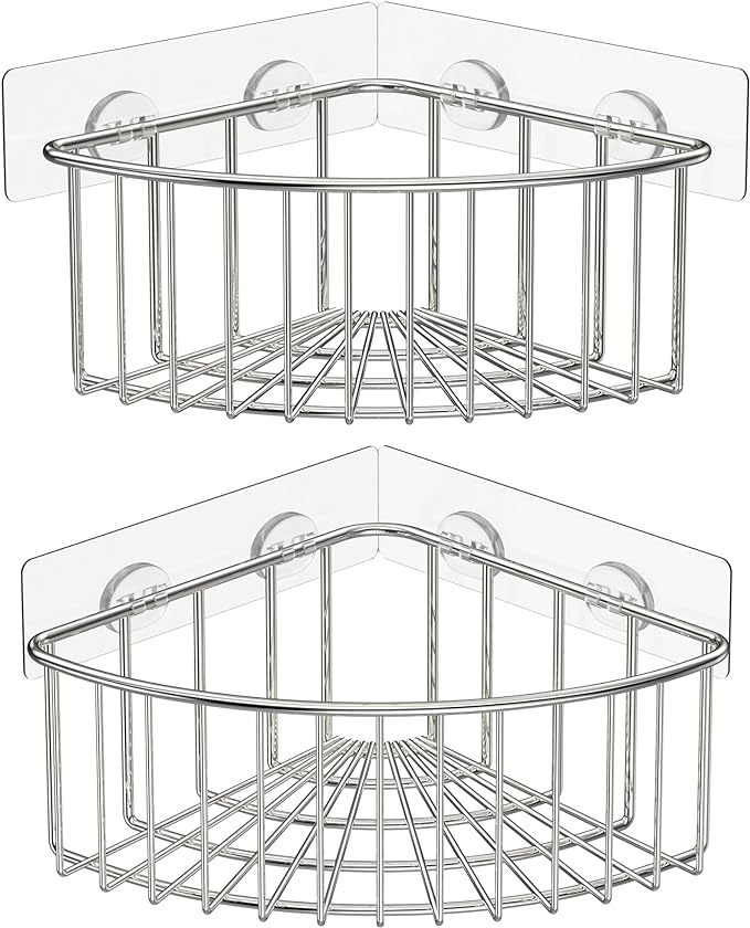 SMARTAKE 2-Pack Corner Shower Caddy Deep Basket Design, SUS304 Stainless Steel, Wall Mounted Bathroom Shelf with Adhesive, Storage Organizer for Toilet, Dorm and Kitchen (Silver) by SMARTAKE