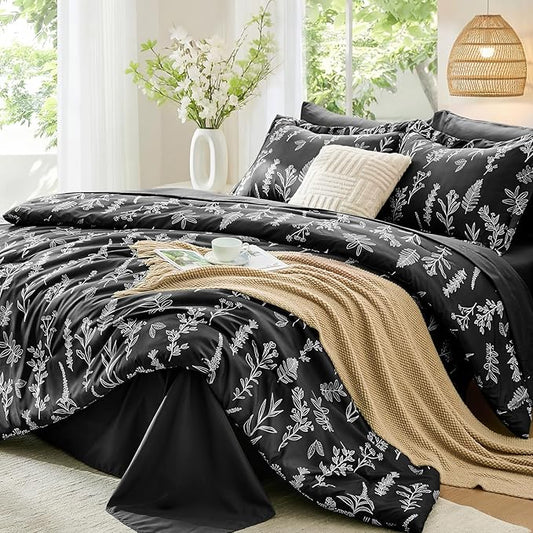 MUXHOMO Black Bed in a Bag Queen 7 Pieces, Queen Comforter Set Reversible Botanical Flowers Design, Ultra Soft & Breathable Bedding Sets with Comforter, Sheets, Pillowcases & Shams