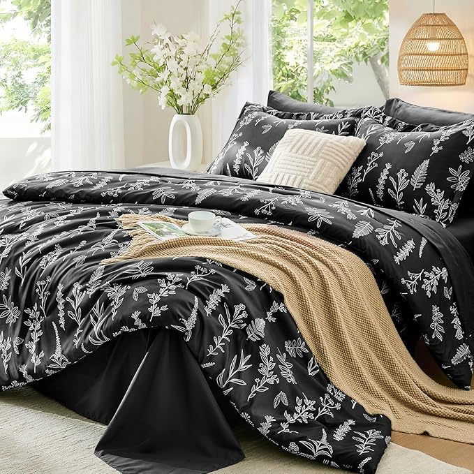 MUXHOMO Black Full Comforter Set, Elegant Floral Print Bed in a Bag 7 Pieces, Ultra Soft & Breathable Reversible Botanical Pattern Bedding Set with Comforter, Sheets, Pillowcases, and Shams