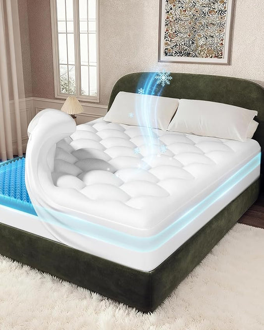OhGeni Cooling 5 lnch King Size Dual Layer Mattress Topper, 3 Inch Egg Crate Gel Memory Foam, 2 Inch Breathable Pillow Top Pad, Bedroom Mattresses Cover, Extra Comfortable Sleep and Back Pain Relief