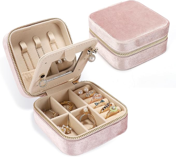 Plush Velvet Travel Jewelry Box for Women & Girls - Small Portable Organizer, Storage Case for Rings, Earrings, Necklaces & Bracelets – Ideal Gift for Travel & Occasions (Gray pink) by Unknown