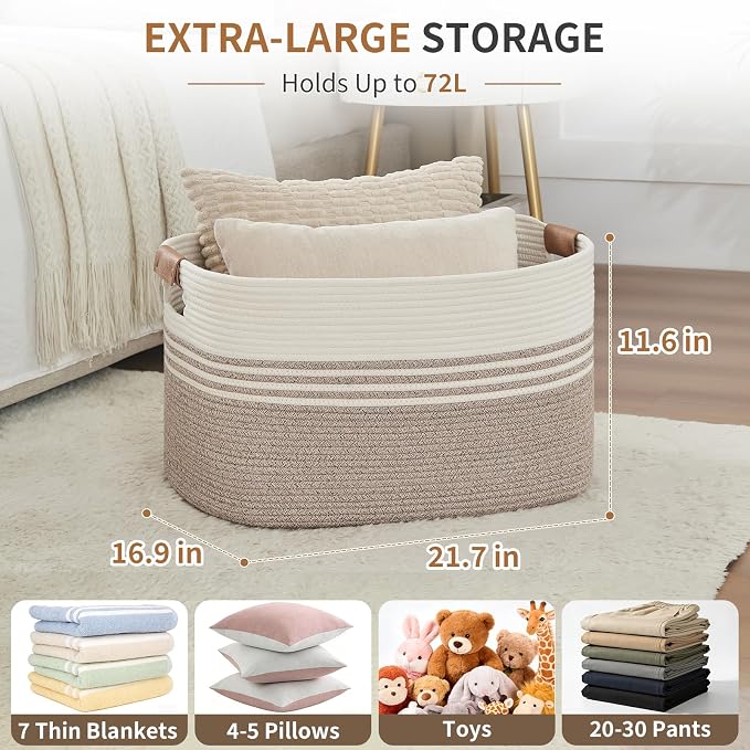 Large Woven Laundry Basket Hamper, 72L Cotton Rope Storage Bin for Blankets, Toys, Clothes, Decorative Nursery Hamper for Living Room, Baby Nursery, Bathroom, Bedroom, Kids Storage, Light Brown - Image 2